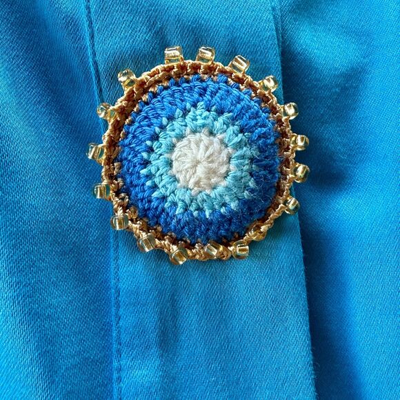 NWT My Beachy Side Amber Hand Crochet Buttons Halter Mini Dress in Blue Medium - Picture 11 of 16